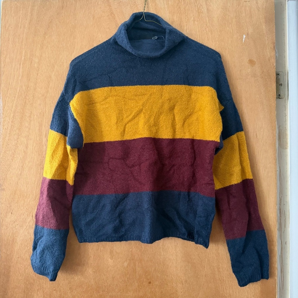 Womens Striped Turtleneck Sweater Navy Blue Yellow Burgundy Knit Pullover Top